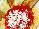 Рецепта Предястие от качамак, тиквички и патладжани с доматен сос